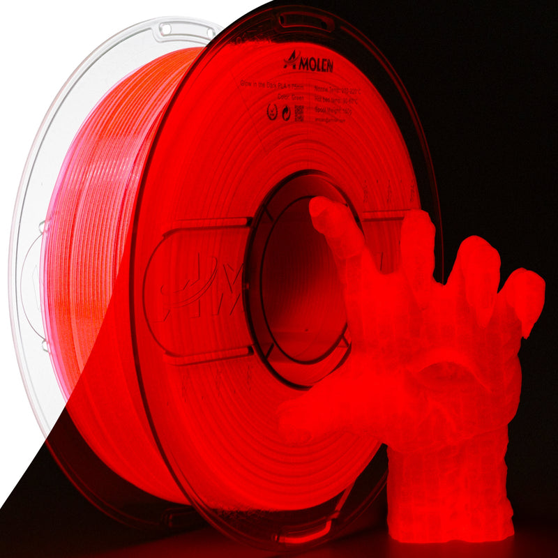 Amolen PLA glow-in-the-dark filament spool showing bright green filament on a white background.
