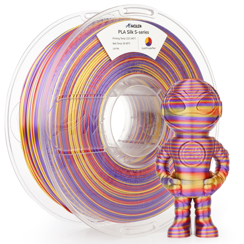 Amolen PLA Silk S-Series 1.75mm filament spool, 1kg, showing shiny, smooth silk-like finish for 3D printing.