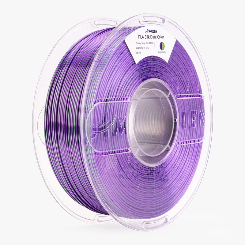 Amolen PLA Silk dual color filament spool, 1.75mm, 1kg, with vibrant silk finish showing the colorful filament rolls.