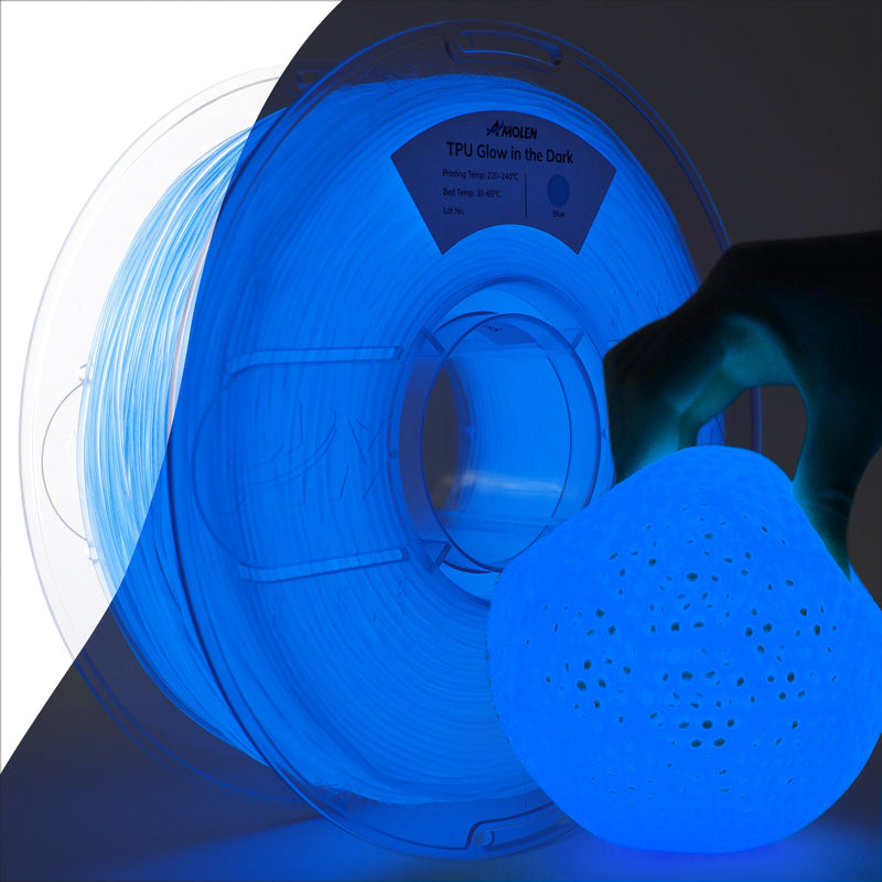 Amolen TPU glow-in-the-dark filament spool showing vibrant green filament on a white background, 1.75mm, 1kg spool.