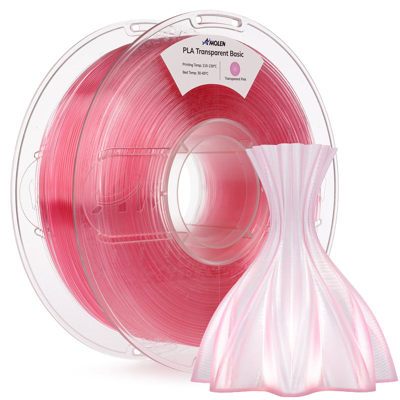 Transparent Amolen PLA 1.75mm filament spool showing clear, glossy 3D printing filament for 3D printers, 1kg weight.