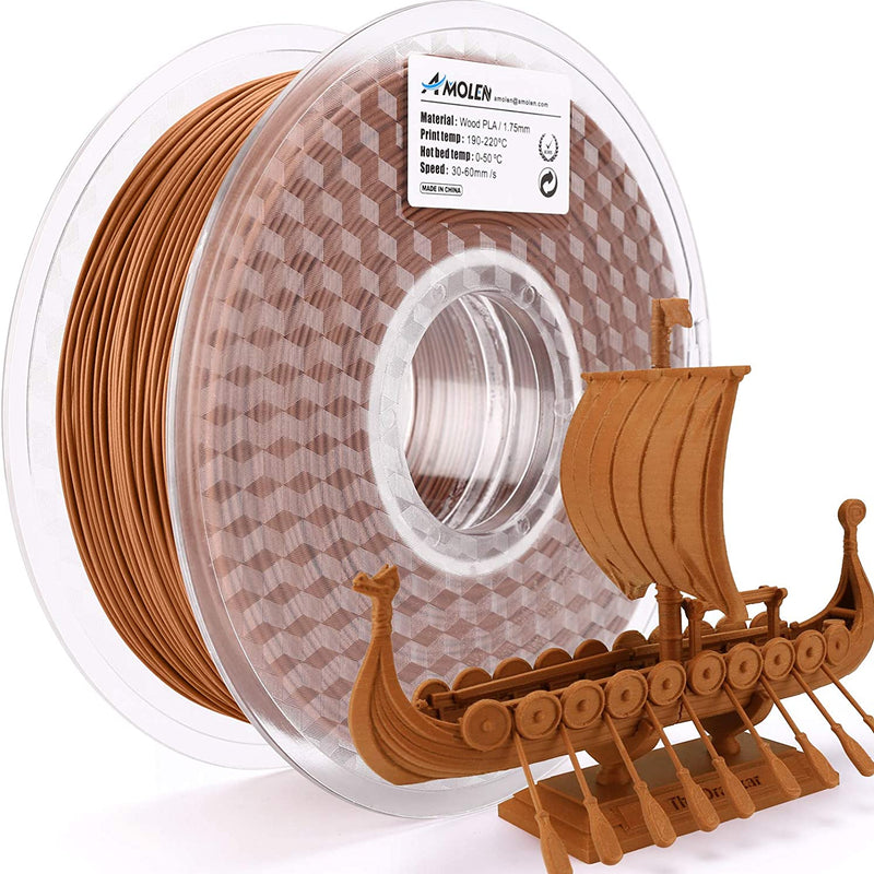 Spool of Amolen PLA Wood filament in 1.75mm diameter, 1kg weight, showing the wood-like finish and filament texture.
