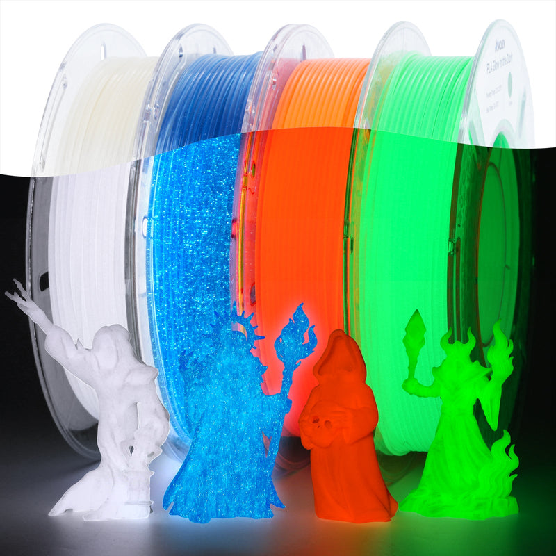 Amolen PLA glow in the dark variety pack with four 200g spools of colorful biodegradable 3D printing filament.