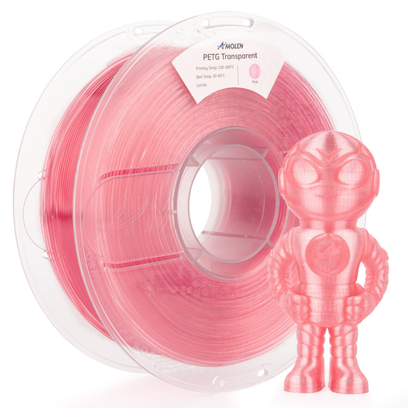 Transparent PETG filament from Amolen, 1.75mm diameter, 1kg spool, showcasing the clear, smooth plastic material for 3D printing.