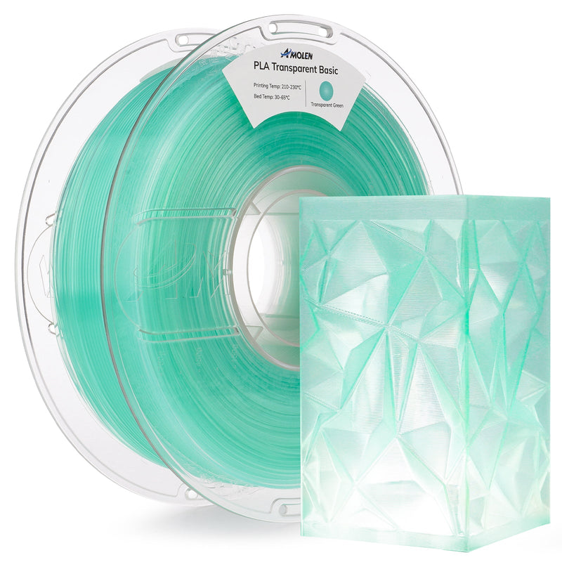 Transparent Amolen PLA filament spool in 1.75mm diameter, 1kg weight, showcasing clear, glossy filament for 3D printing.