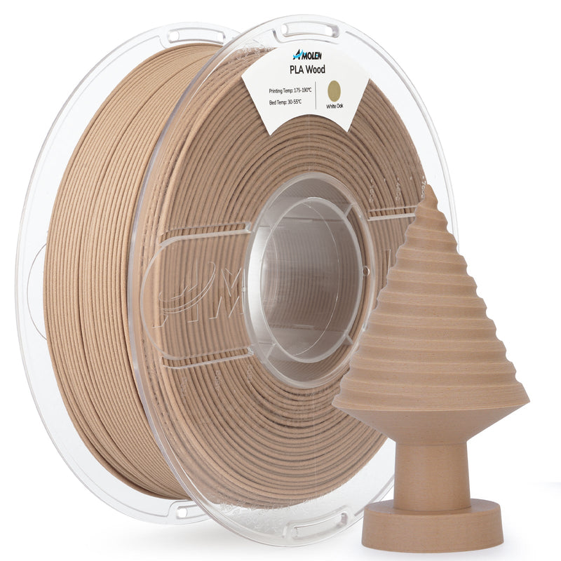 Amolen PLA Wood 1.75mm filament in 1kg spool, showing natural wood-colored 3D printing filament for hobby and craft projects.