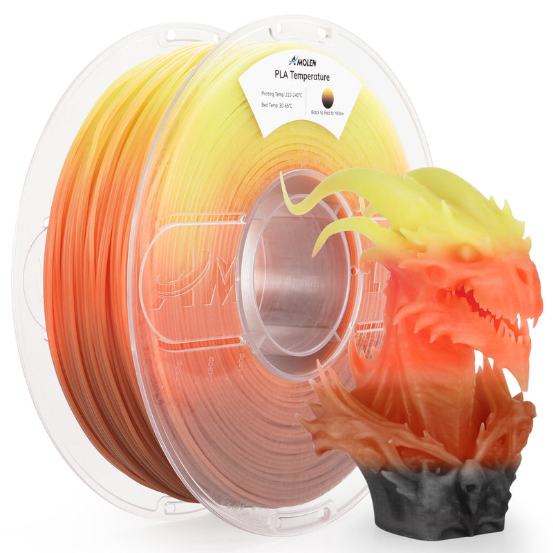 Amolen PLA temperature color change filament, 1.75mm, 1kg spool, showing vibrant color transition in 3D printing filament