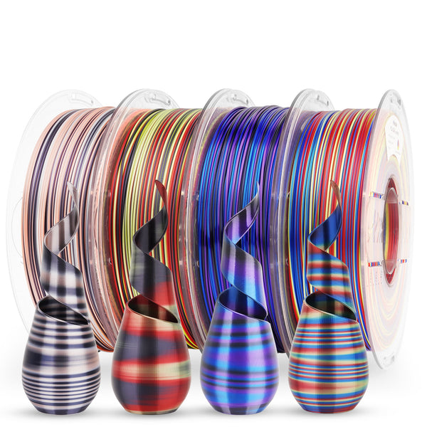 Amolen PLA Silk S-Series Variety Pack with four 200g spools of 1.75mm filament in vibrant colors, ideal for 3D printing projects.