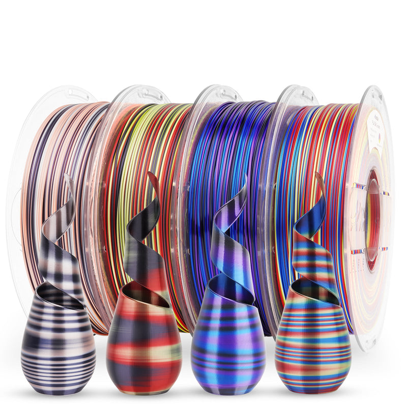 Amolen PLA Silk S-Series Variety Pack with four 200g spools of 1.75mm filament in vibrant colors, ideal for 3D printing projects.