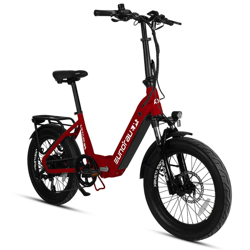 EUNORAU E-BIKE US META20 1.0 electric bicycle with black frame and 20-inch wheels, front suspension, and digital display.