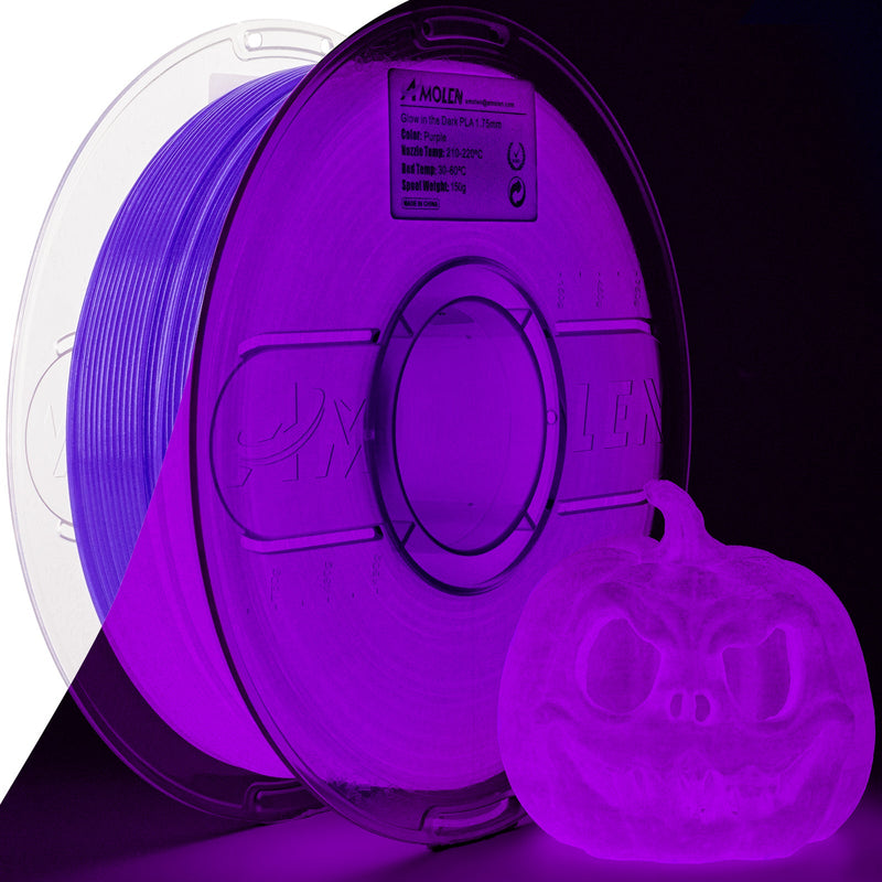 Amolen PLA glow-in-the-dark filament spool, 1.75mm, 1kg, showing the bright, luminous filament rolled on a spool.
