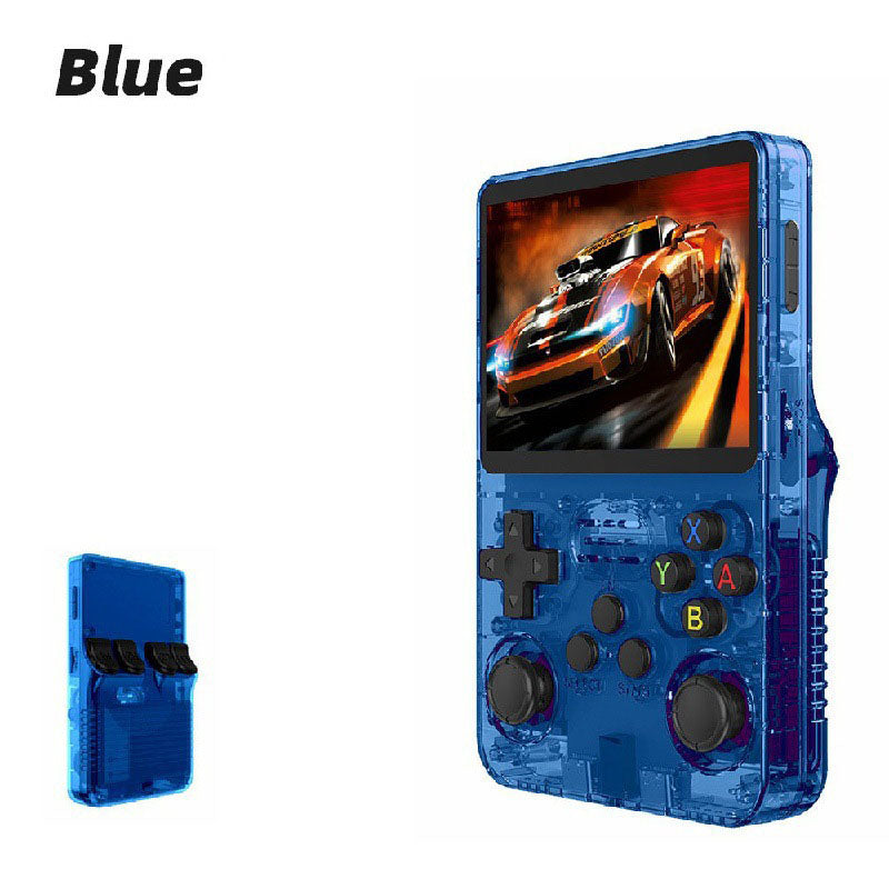 American Smart R36S portable handheld retro arcade joystick gaming console with colorful buttons and open-source design.