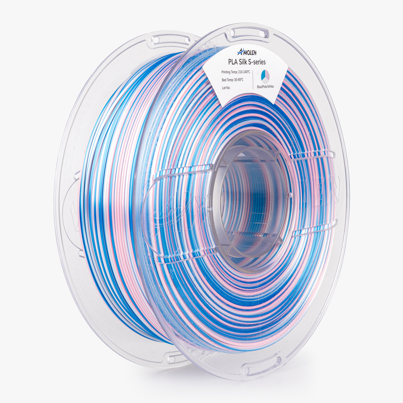 Amolen PLA Silk S-Series filament spool, 1.75mm diameter, 1kg weight, showing shiny, smooth filament for 3D printing.