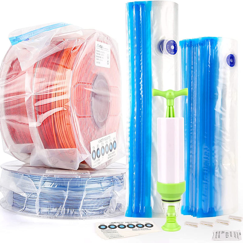 Amolen vacuum filament storage kit in a clear storage bag, designed for organizing 3D printing filament spools.