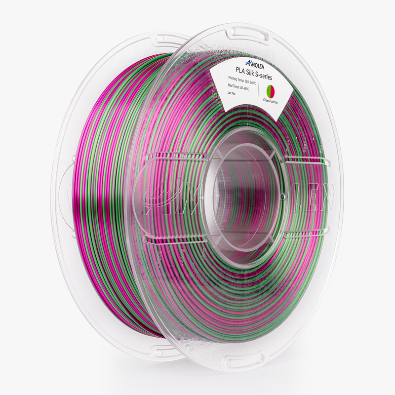 Amolen PLA Silk S-Series filament in 1.75mm, 1kg spool, showcasing smooth, shiny 3D printing filament for high-quality prints.