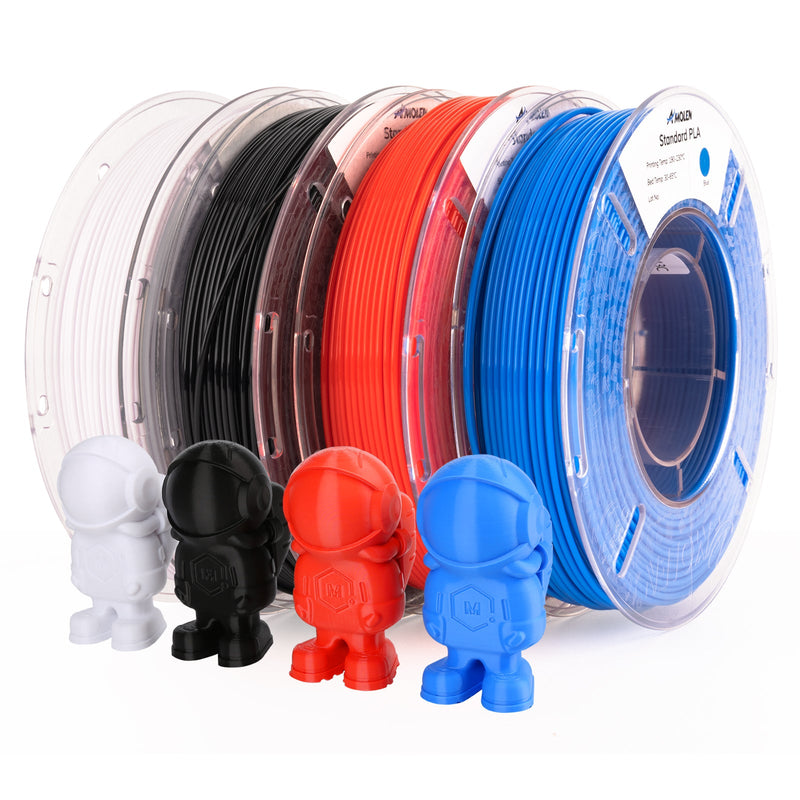 Amolen PLA Basic Variety Pack with four 250g spools of 1.75mm filament in colorful packaging.