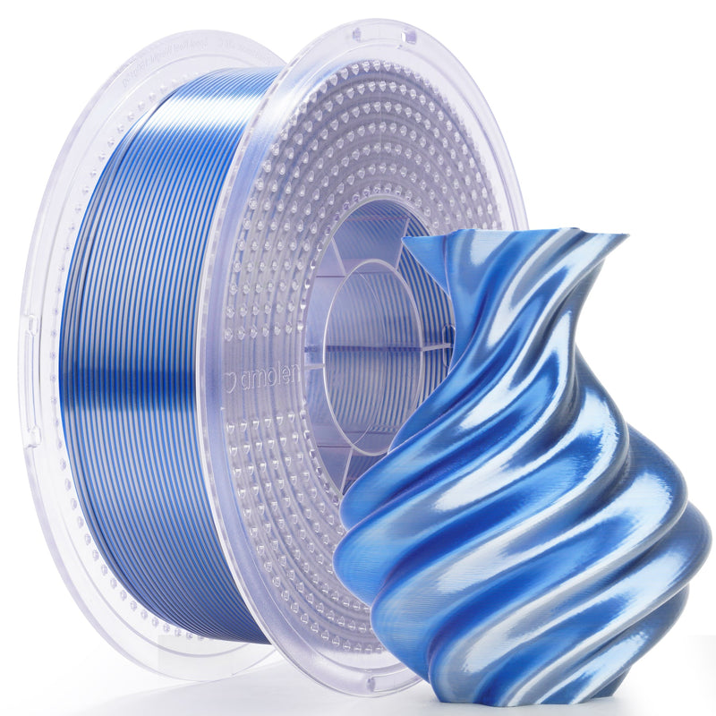 Amolen PLA Silk dual color filament 1.75mm, 1kg spool showing vibrant two-tone 3D printing filament on a reel.