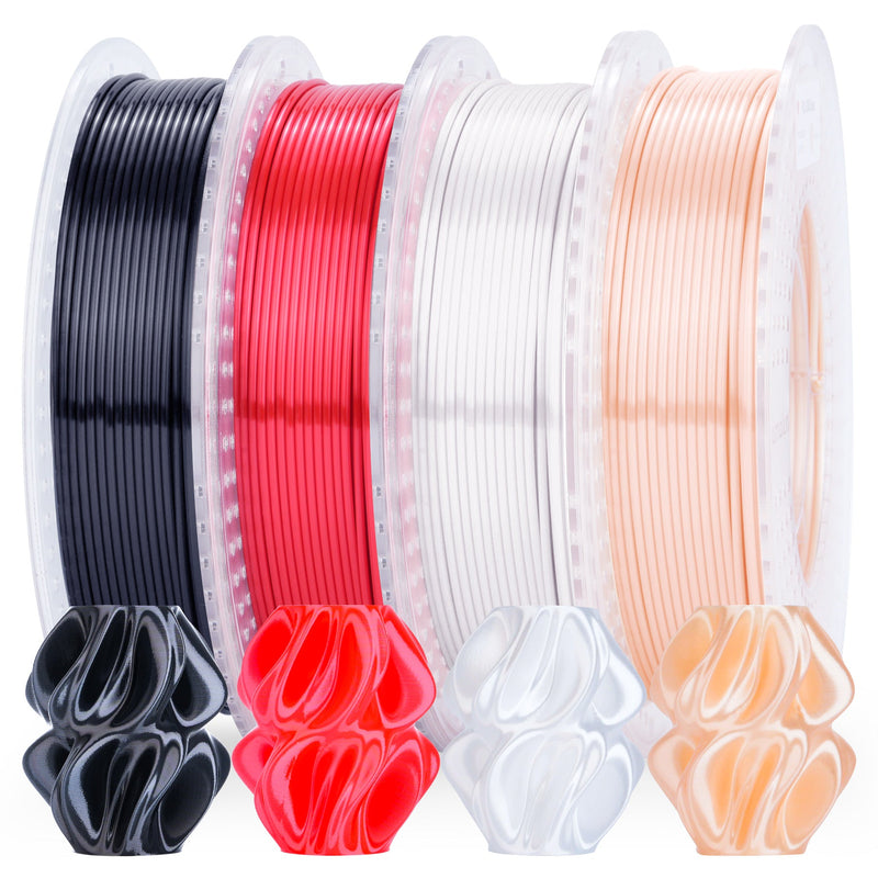 Amolen PLA Silk Basic Variety Pack with four 200g spools of 1.75mm filament in different colors for 3D printing.