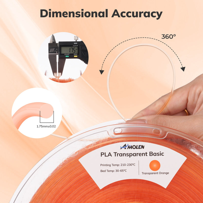Amolen PLA crystal-transparent 1.75mm filament spool, 1kg weight, showing the clear, glossy 3D printing filament on a spool.