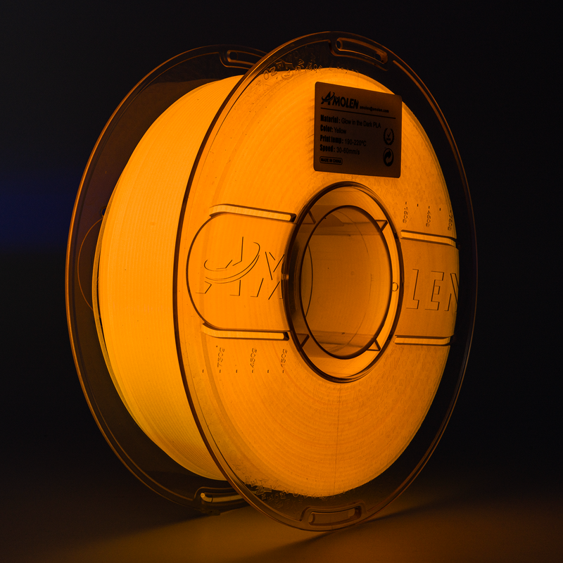 Amolen PLA glow-in-the-dark filament spool, 1.75mm diameter, 1kg weight, showing the vibrant, luminescent filament on the spool.