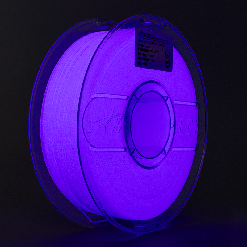 Amolen PLA glow-in-the-dark filament spool, 1.75mm diameter, 1kg/2.2lb, with vibrant glowing filament visible in the image