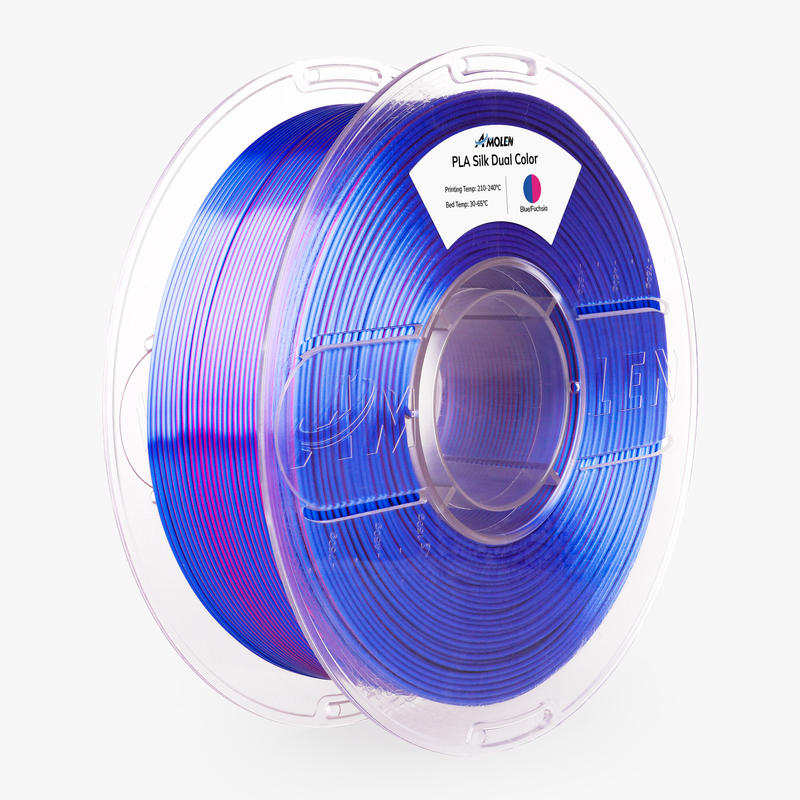 Amolen PLA Silk dual color filament 1.75mm, 1kg spool showing vibrant, shiny 3D printing filament with dual color design