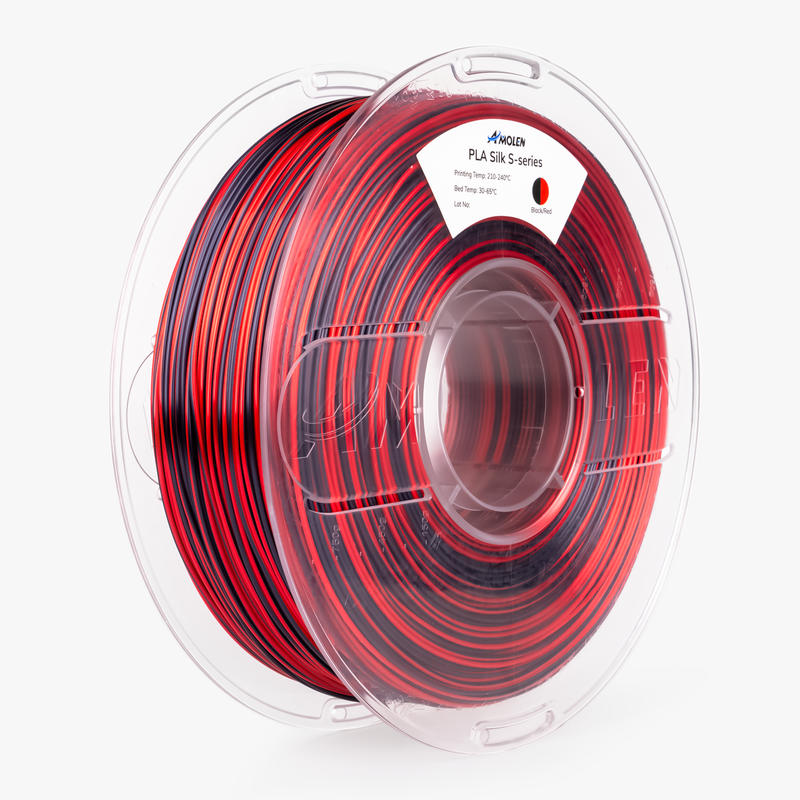 Spool of Amolen PLA Silk S-Series 1.75mm 3D printing filament in a clear plastic container, ready for 3D printing projects.