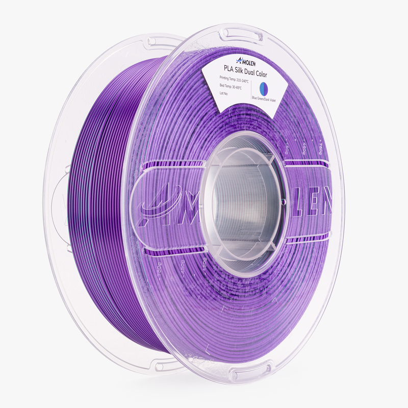Amolen PLA Silk dual color 1.75mm filament spool, 1kg, showcasing vibrant, shiny filament strands with dual-tone color transition.