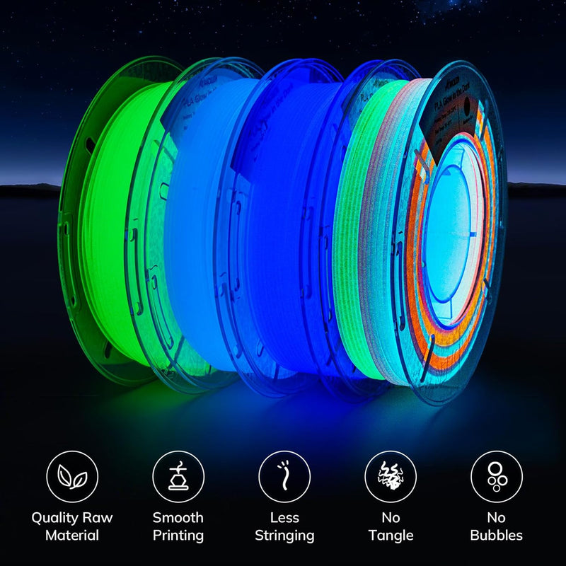Amolen PLA Glow in the Dark Variety Pack with four 200g spools, showcasing colorful 3D printing filament in vibrant shades