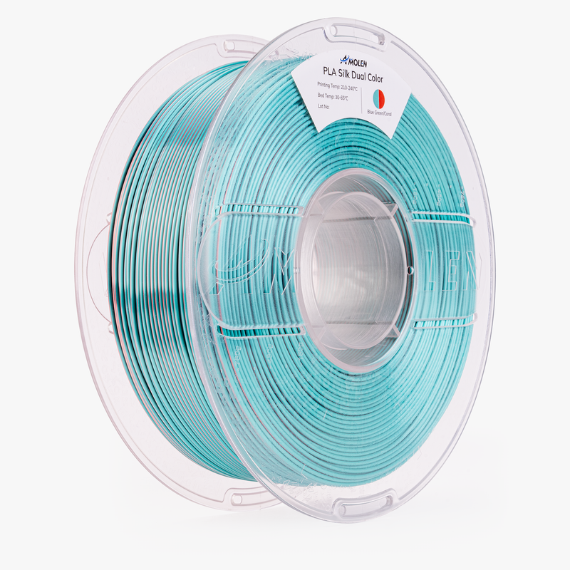 Amolen PLA Silk dual color filament spool showing vibrant, shiny 1.75mm 1kg filament for 3D printing.
