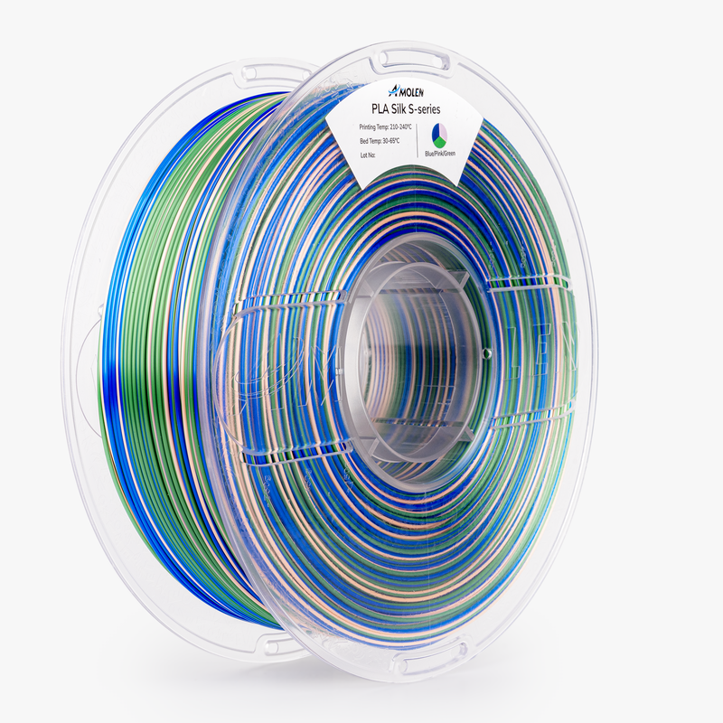 Amolen PLA Silk S-Series filament in 1.75mm, 1kg spool, showcasing smooth, shiny silk-like finish for 3D printing.