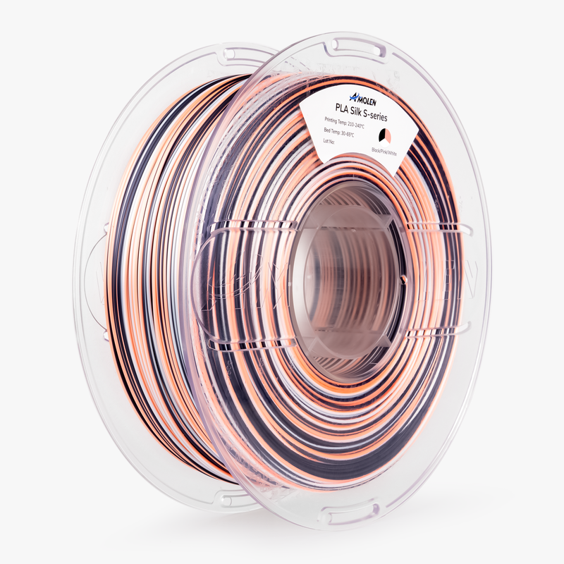 Amolen PLA Silk S-Series 1.75mm filament spool showing shiny, smooth 3D printing filament in a clear plastic reel.