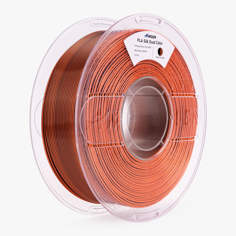Amolen PLA Silk dual color filament 1.75mm 1kg spool showing vibrant, shiny 3D printer filament in a clear plastic reel