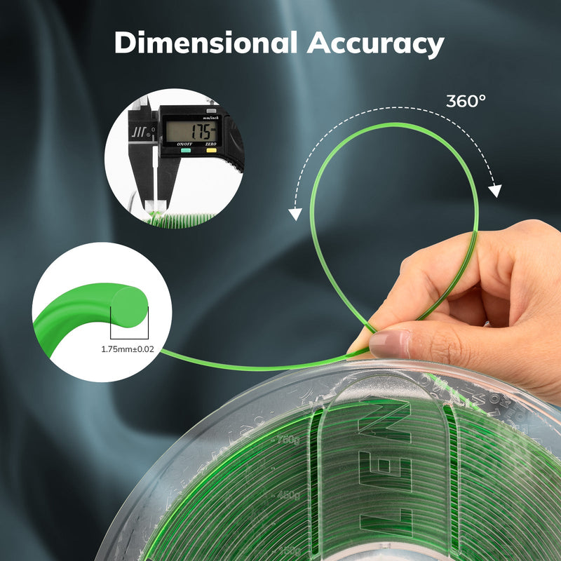 Clear Amolen PETG filament spool in 1.75mm diameter, 1kg weight, showing the transparent filament roll for 3D printing.