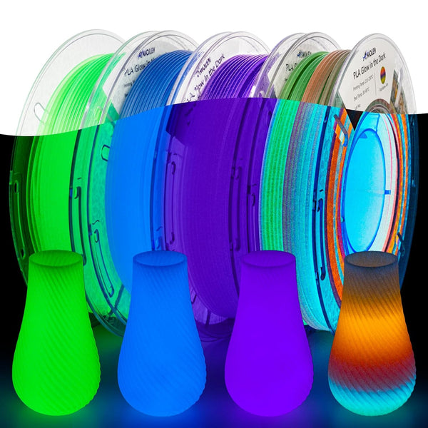 Amolen PLA glow in the dark 4-pack with four 200g spools of vibrant, luminescent filament for 3D printing projects