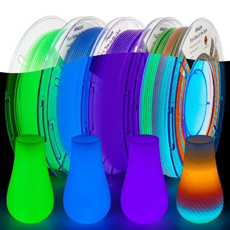 Amolen PLA glow in the dark 4-pack with four 200g spools of vibrant, luminescent filament for 3D printing projects
