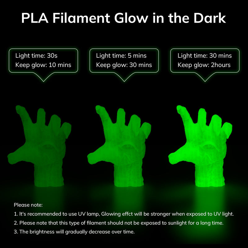 Amolen PLA glow-in-the-dark filament spool showing vibrant green glow, 1.75mm diameter, 1kg weight, for 3D printing.