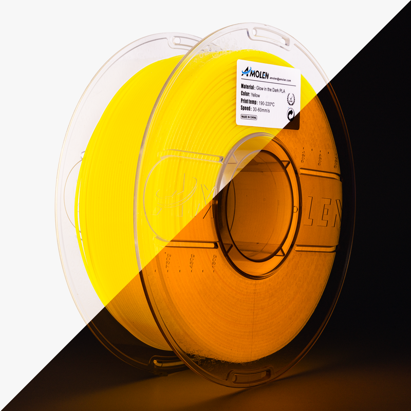 Amolen glow-in-the-dark PLA filament spool, 1.75mm diameter, 1kg/2.2lb, with glowing filament visible in the image.