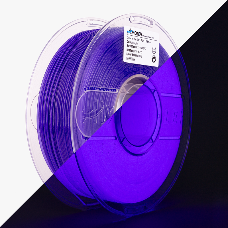 Amolen glow-in-the-dark PLA filament 1.75mm, 1kg spool, showing the illuminated filament in a dark setting for 3D printing.