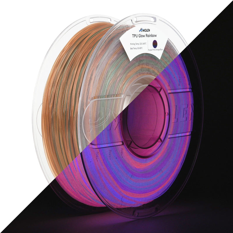 Amolen TPU glow-in-the-dark 3D printing filament spool showing bright green color and 1.75mm diameter on a clean surface.
