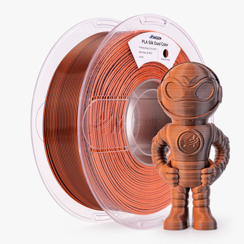 Amolen PLA Silk dual color filament 1.75mm, 1kg spool showing vibrant two-tone filament for 3D printing.