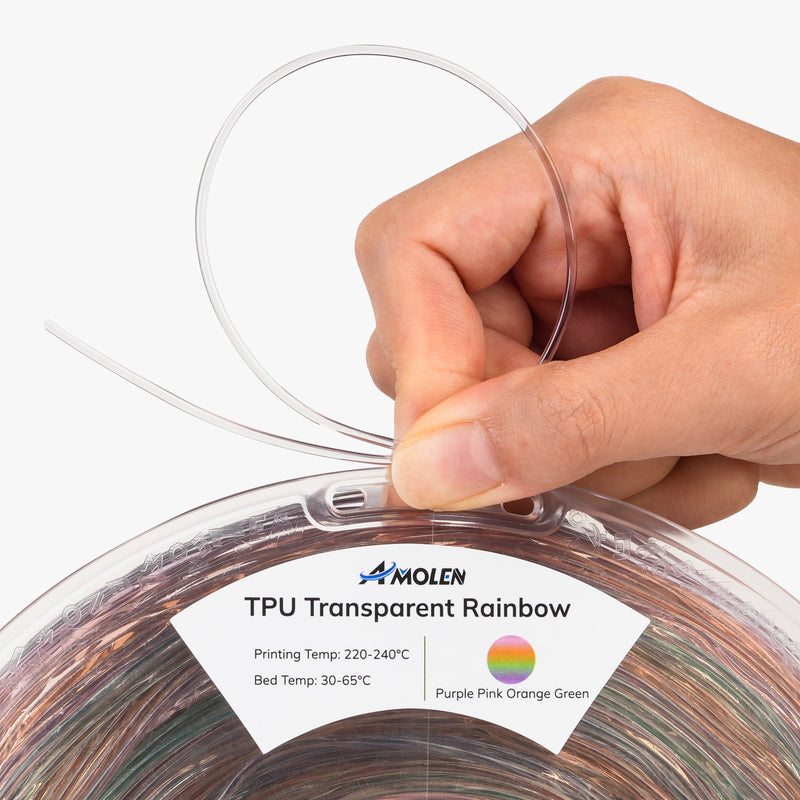 Amolen TPU Rainbow 1.75mm filament spool showing vibrant, multicolor 3D printing filament in a clear spool