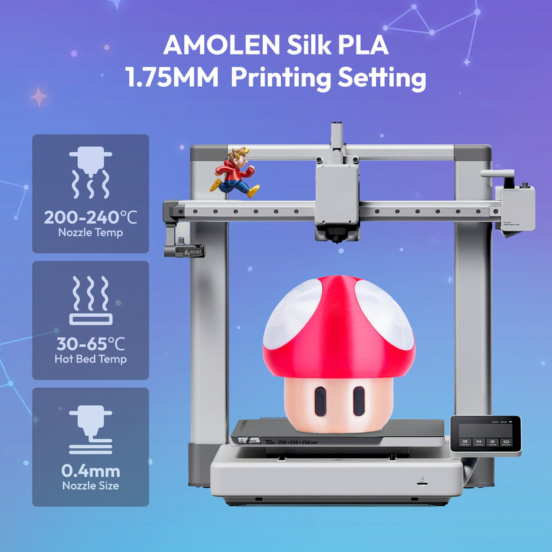 Amolen PLA Silk Basic Variety Pack with four 200g spools of 1.75mm PLA filament in different colors, suitable for 3D printing.
