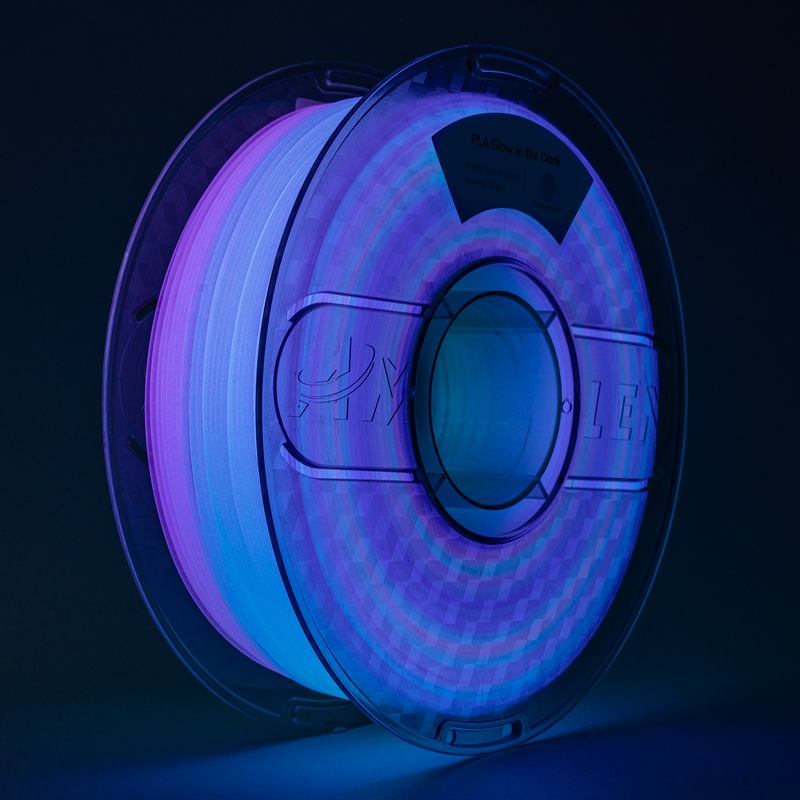 Amolen PLA glow-in-the-dark filament spool showing black filament with glowing green accents for 3D printing projects.