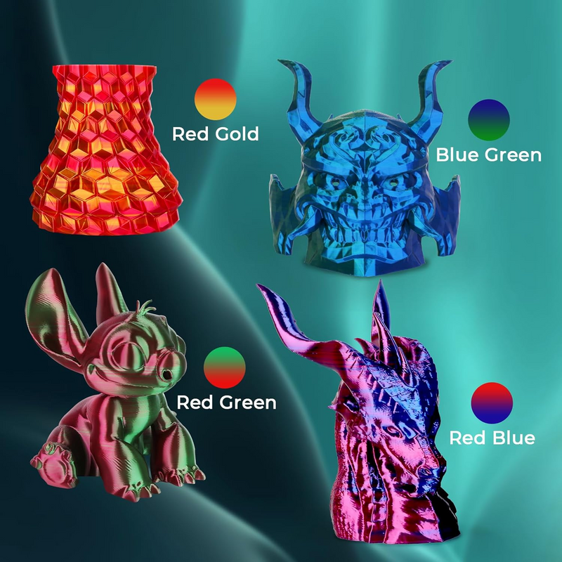 Amolen PLA Silk dual color 3D printing filament pack with four 200g spools of 1.75mm filament in vibrant shades.