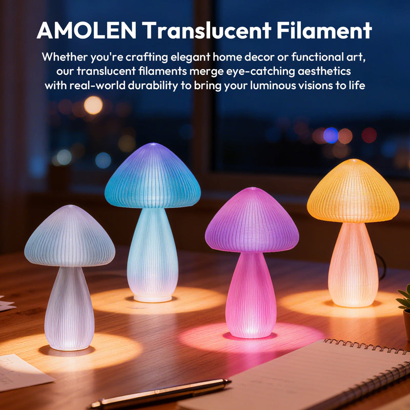 Amolen PLA crystal-transparent gradient filament pack with four 200g spools, showcasing colorful, translucent 3D printing filament.