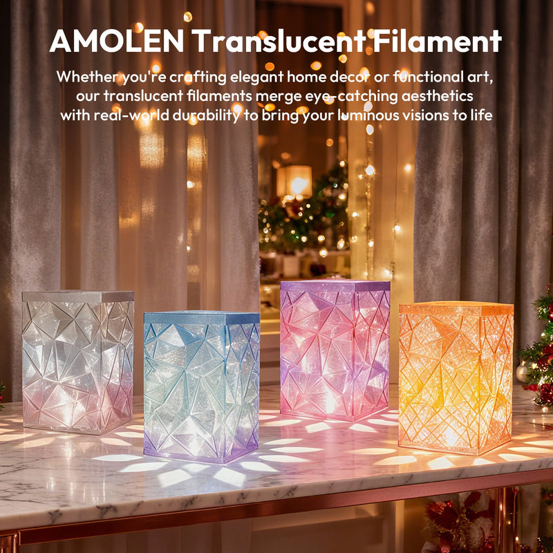 Amolen PLA crystal-transparent gradient filament variety pack with four 200g spools, showcasing colorful translucent 3D printing filament.