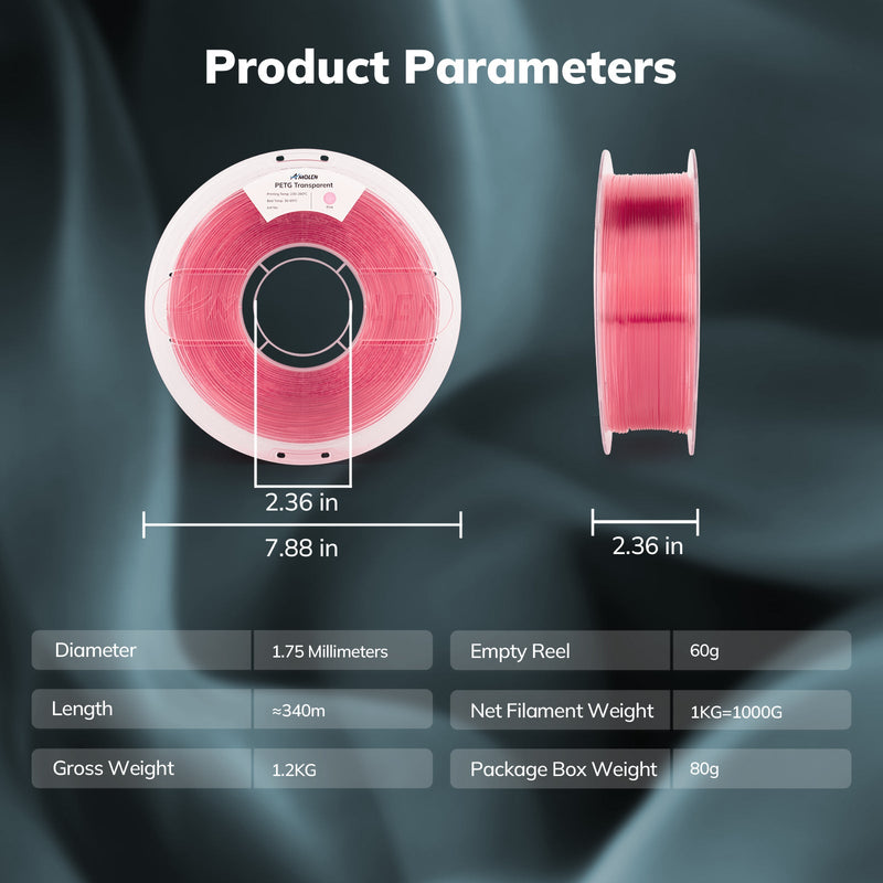 Amolen PETG transparent 1.75mm filament spool, 1KG, showing clear, glossy PETG plastic filament for 3D printing.