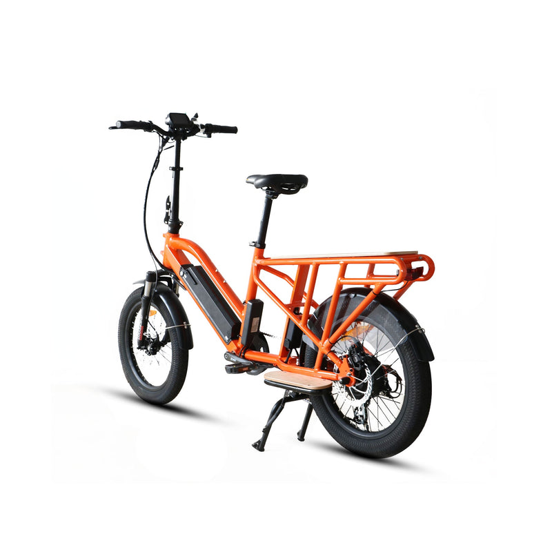 EUNORAU E-BIKE US G30-CARGO 2.0 electric bicycle with cargo rack, black frame, and 750W motor, parked outdoors.