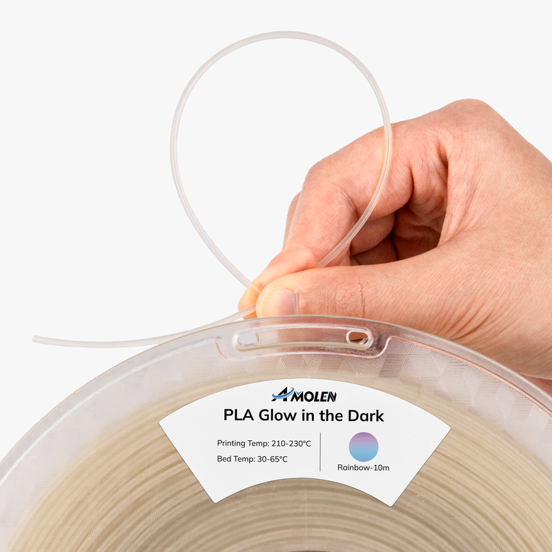 Amolen PLA glow-in-the-dark filament spool, 1.75mm diameter, 1kg/2.2lb, with vibrant glowing plastic filament visible on the spool